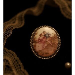 Vintage Brooch Man Woman Scene Oval Victorian Revival Romantic Courting